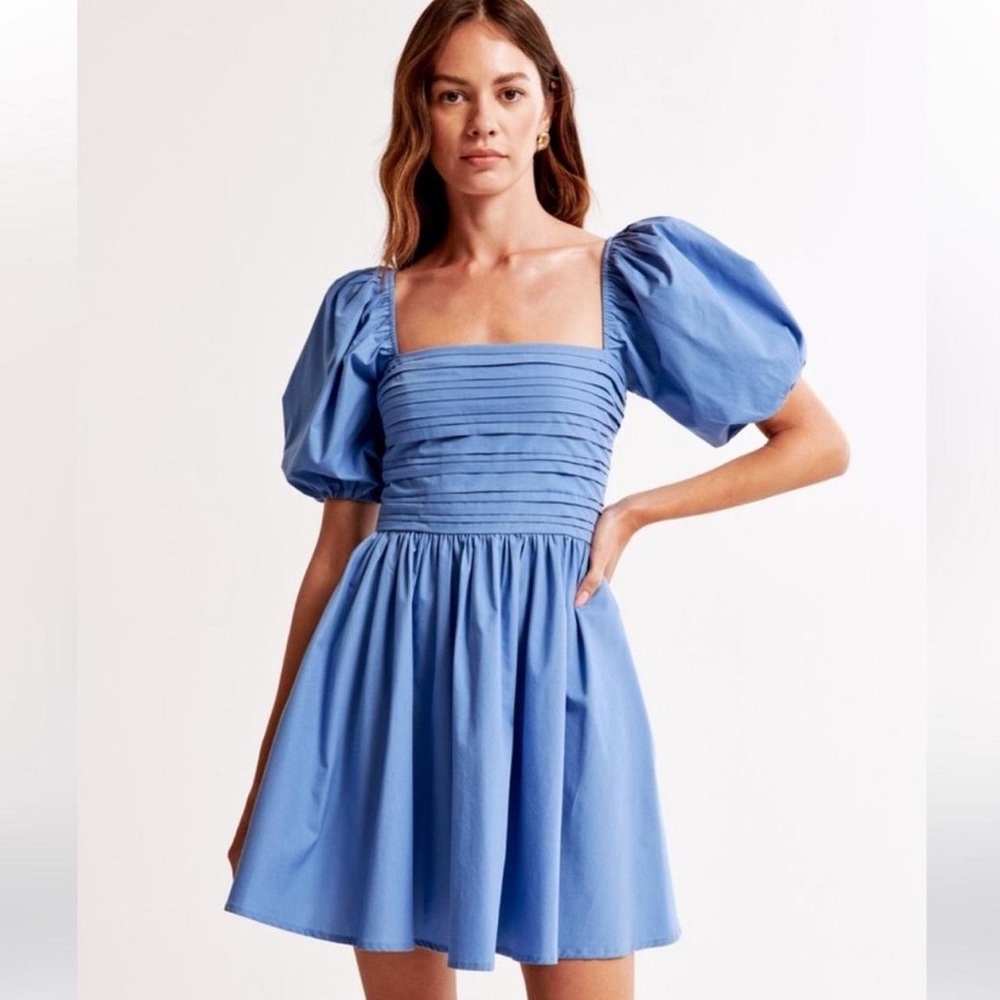 Abercrombie & Fitch Emerson Blue Smocked Mini Dress with Puff Sleeves